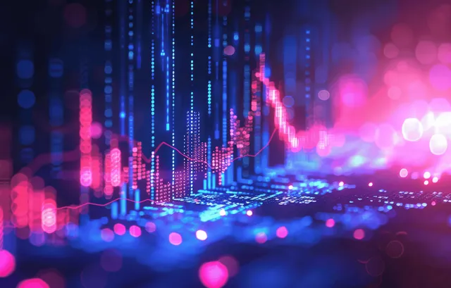 Futuristic trading chart with glowing candlestick signals over financial market data with Investment Growth