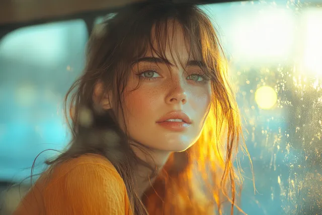 Woman in orange shirt listening to music inside a car