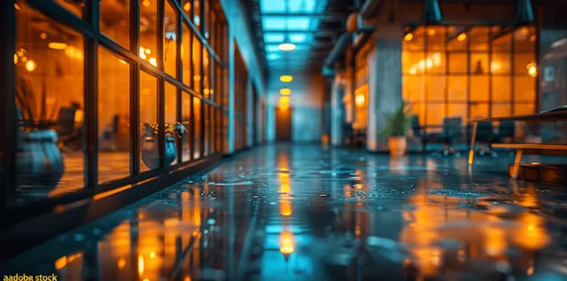 Blurred corporate hallway with bokeh lights and reflections on a polished floor leading toward meeting rooms.