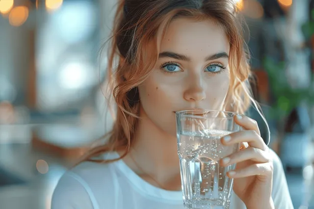 Young Woman Drinking Water in Kitchen by Sunlit Window