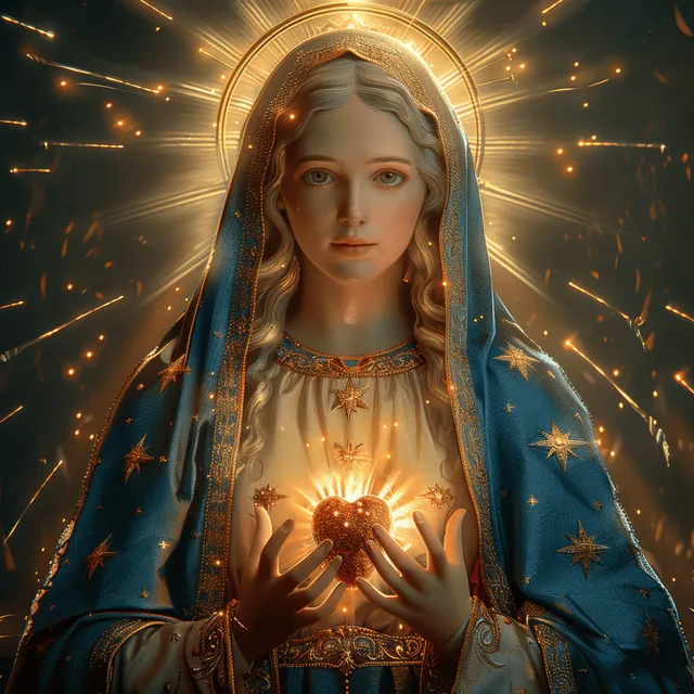 Holy Mary holds the Sacred Heart, with a golden halo glow, blue veil, and star details against a dark background.