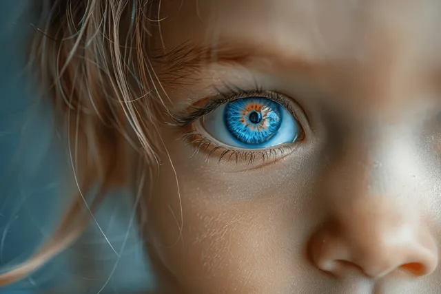 Close up of a child’s blue eye, sharp iris and eyelashes with soft light