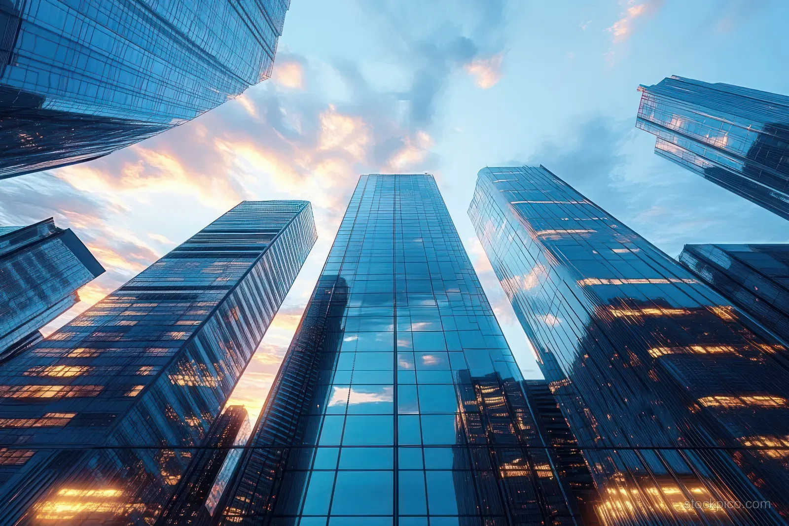 Upward view of reflective glass skyscrapers under blue sky with warm sunset glow and scattered clouds.