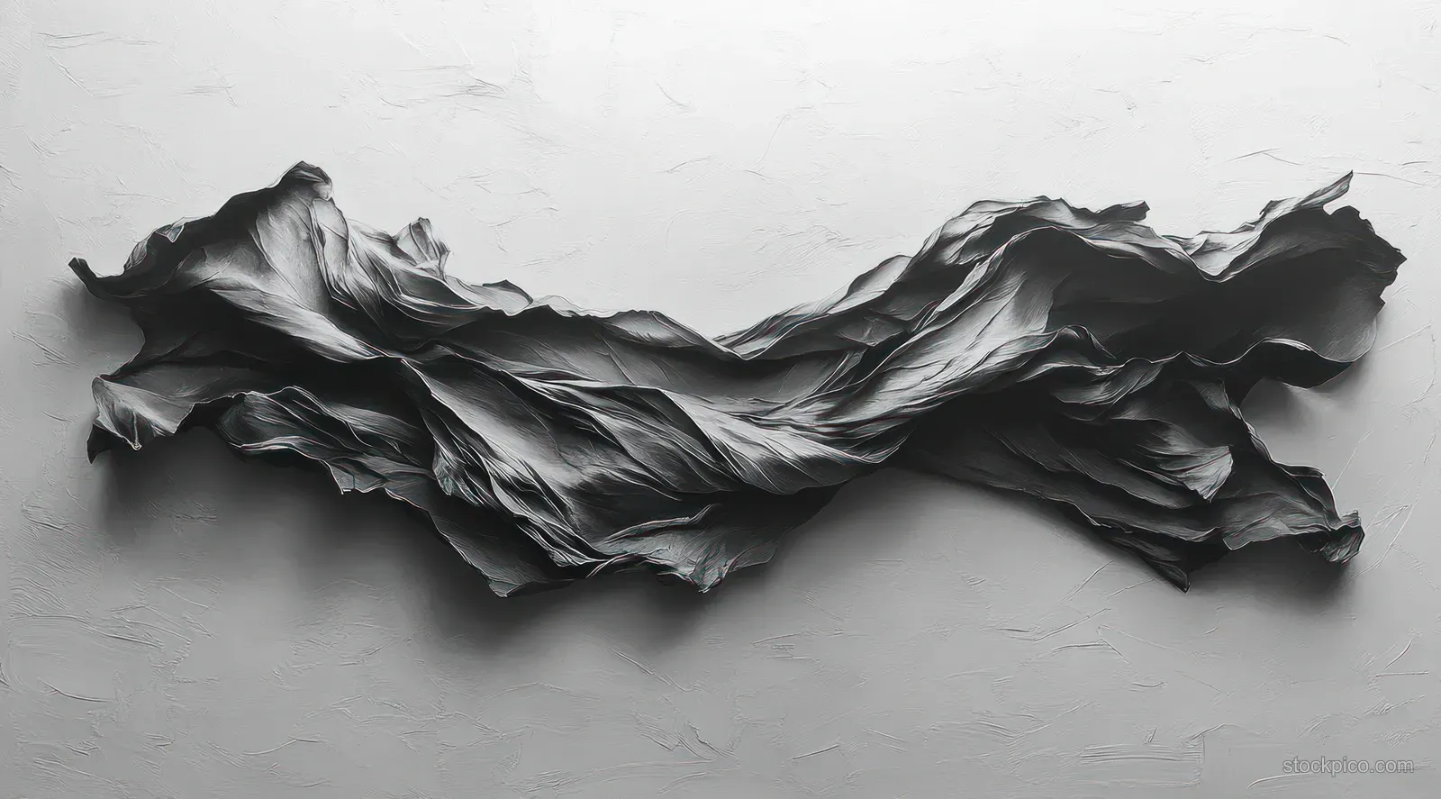 Crumpled black paper ribbon lies across a light gray surface with visible folds and torn edges.
