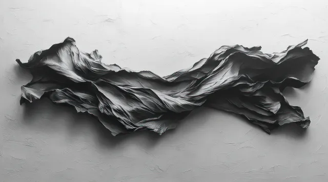 Crumpled black paper ribbon lies across a light gray surface with visible folds and torn edges.