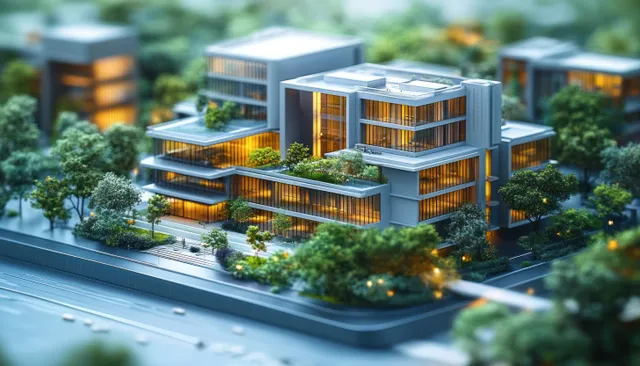 A 3D hospital campus model with terraced plants, glowing windows, and curved landscaped pathways.