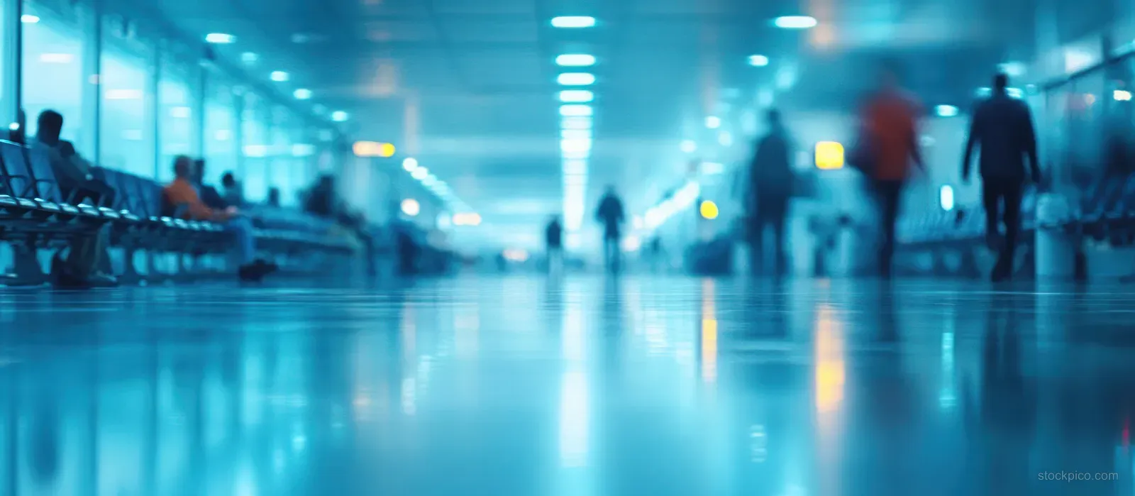 Blurred passengers sit and walk in a modern lobby with cool blue ceiling lights reflecting on the floor.