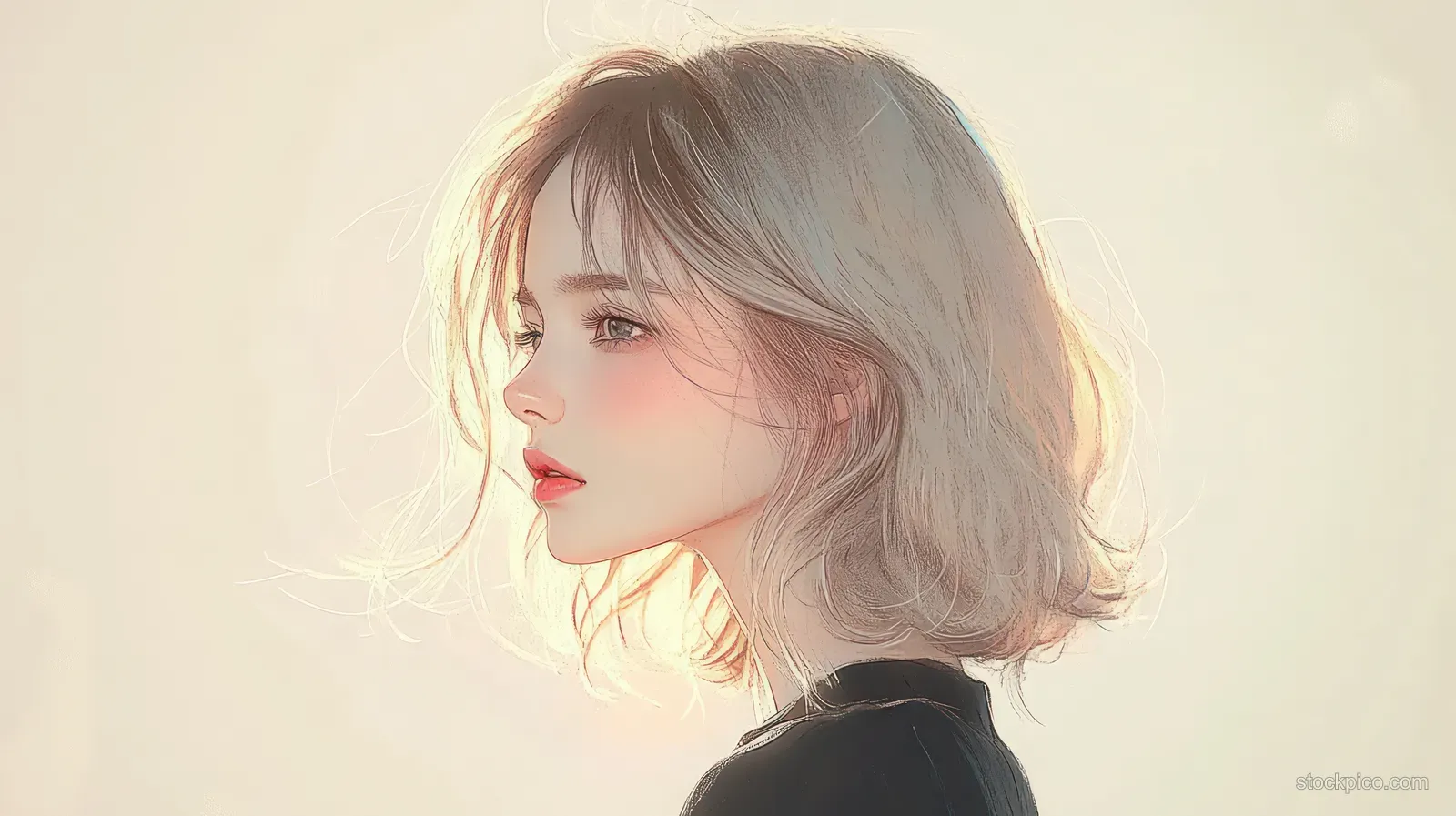 Side-profile illustration of a young woman with pastel colors and warm sunlight glow behind her.