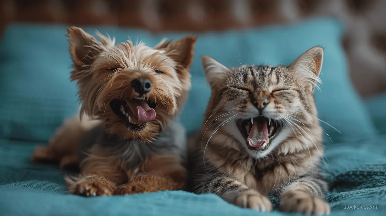 Brown dog and gray cat lying on a blue background with open mouths and joyful expressions.