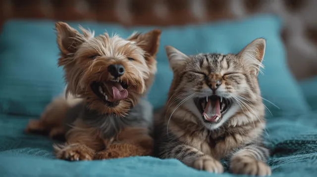Smiling dog and cat portrait with open-mouth joy on blue studio background