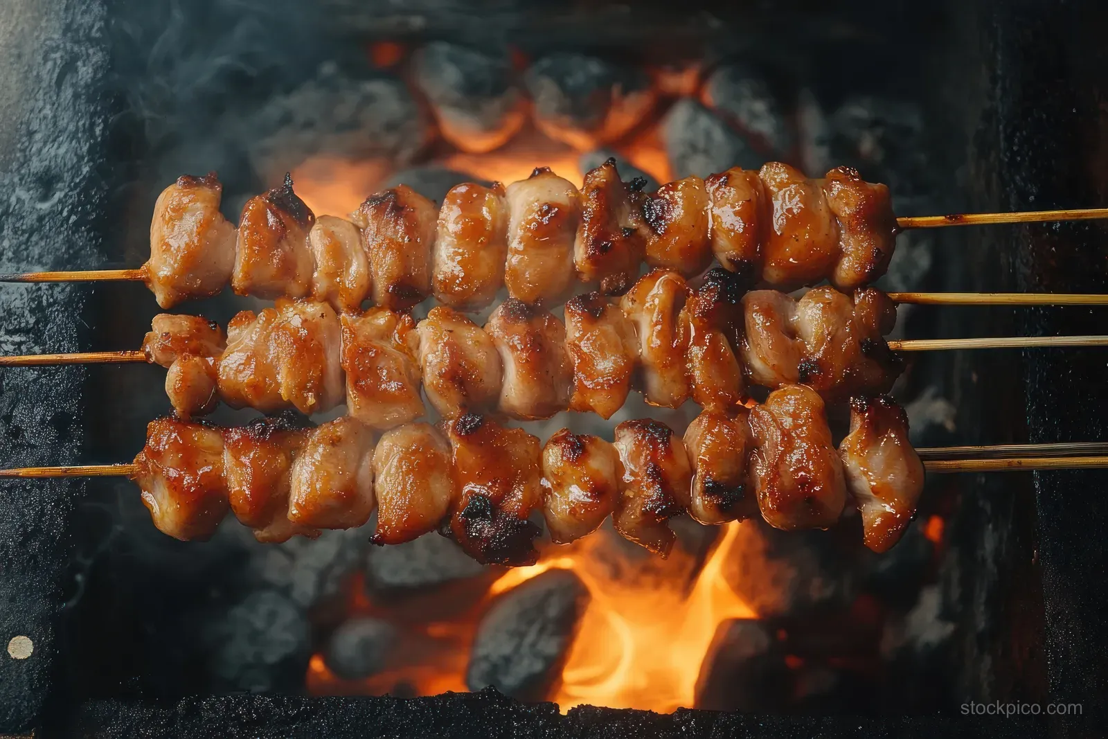 Chicken satay skewers grilling over charcoal flames with smoky caramelized glaze.