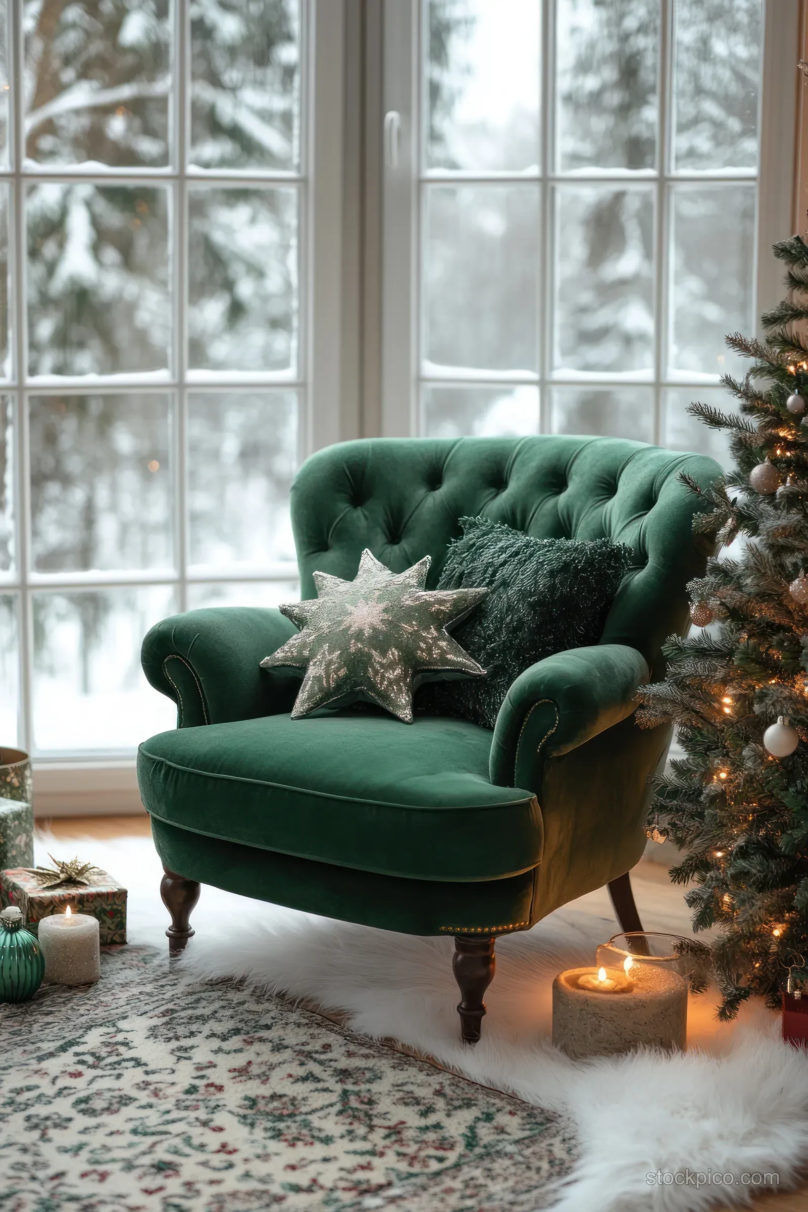 Green velvet armchair by a snowy window with star ornament, lit candles, and a decorated Christmas tree.