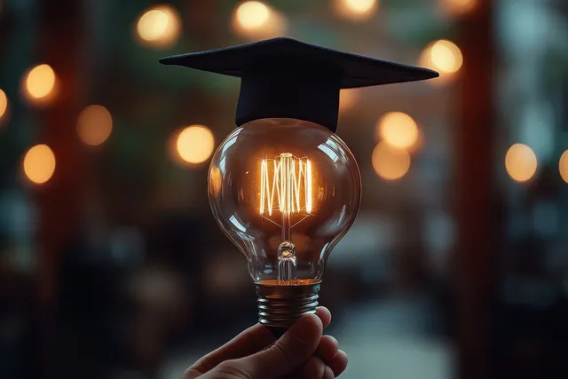 Hand holds a glowing light bulb under a graduation cap with warm bokeh lights