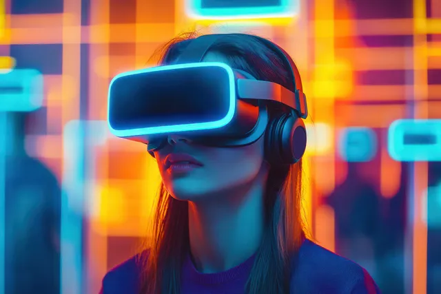 Young woman wearing a VR headset and headphones in a neon-lit cyber digital environment.