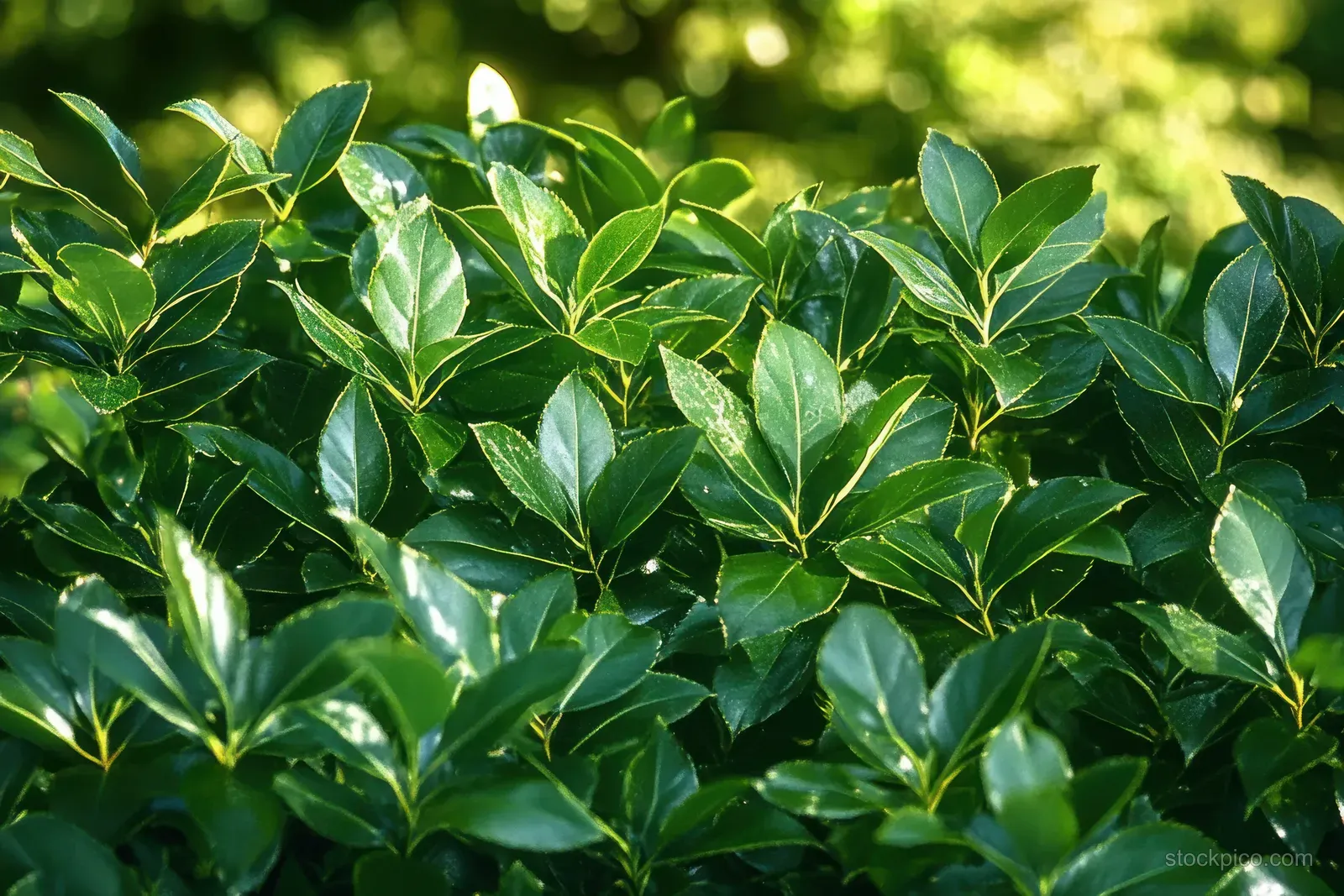 Dense bright green leaves are backlit by soft sunlight, showing detailed leaf veins and texture.