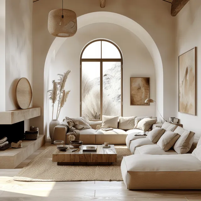 Neutral-toned living room with arched window, fireplace, and arranged sofa cushions under warm hanging light.