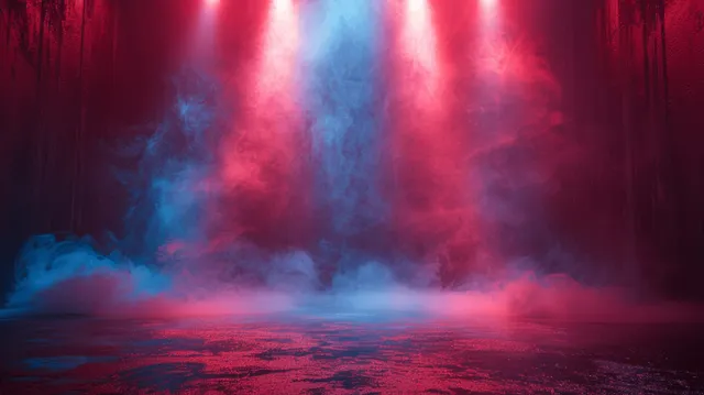 Empty theater stage with red and blue spotlights and drifting smoke over the lit floor.
