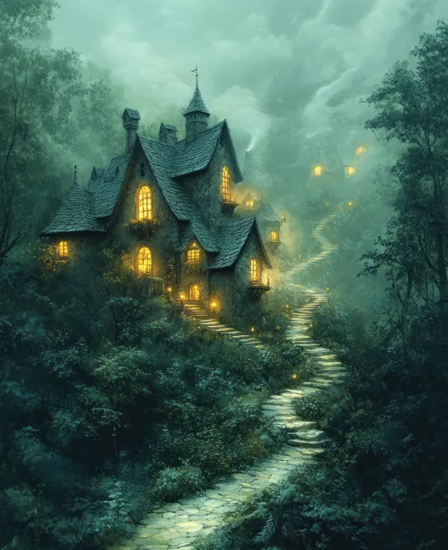 A glowing fairy-tale castle on a misty forest hill with a winding path leading through trees.