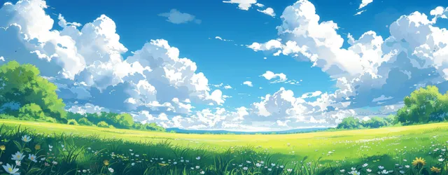 Green meadow with wildflowers stretches under a bright blue sky with fluffy white clouds.