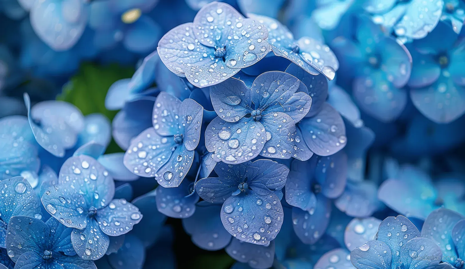 Close-up blue hydrangea blossoms with tiny water droplets against a soft blurred blue garden background.
