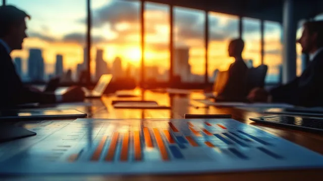 Business team reviews strategy bar chart on desk with laptop during office sunset meeting