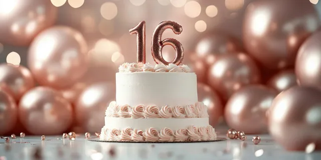 Two-tier white birthday cake with pink rosettes and glittery number 16 candles surrounded by rose-gold balloons and shiny beads.
