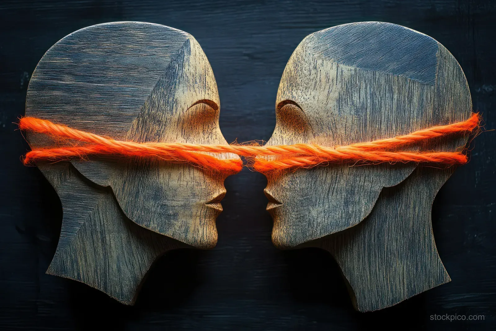 Two wooden heads facing each other with eyes covered by an orange rope creating a visual communication barrier.