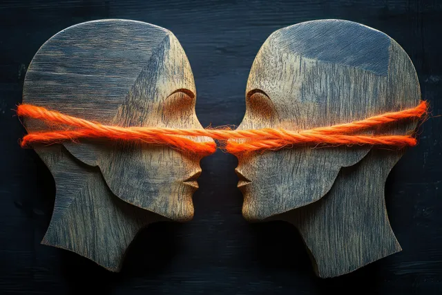 Two wooden heads facing each other with eyes covered by an orange rope creating a visual communication barrier.