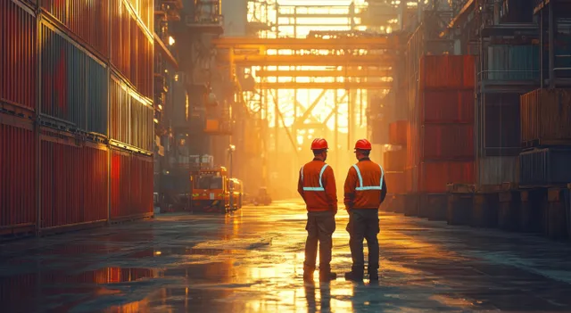 Two safety-helmeted workers communicate with walkie-talkies in a container yard at sunset
