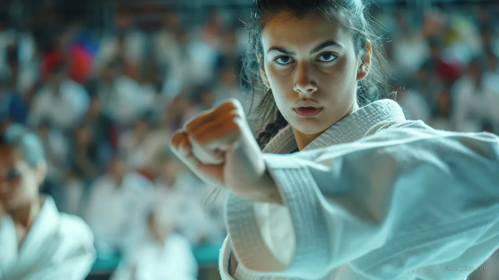 Iranian woman in a white karate gi raises a clenched fist during kumite with a blurred cheering crowd behind.