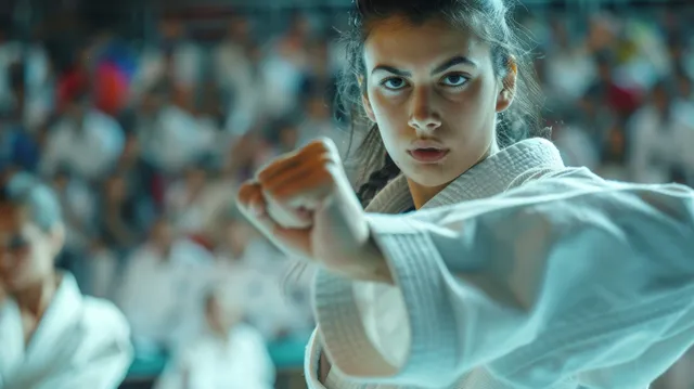 Iranian karate woman raises a clenched fist for kumite, cheering stadium blurred behind