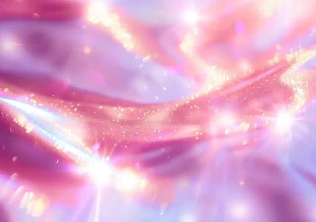 Pastel pink and purple holographic light burst background with iridescent rays, lens flare, and soft bokeh.