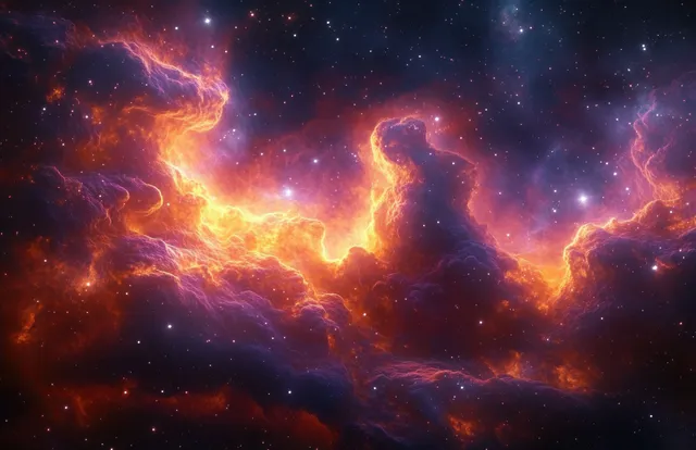 Orange and purple nebula clouds glow across a dark space scene packed with distant stars.