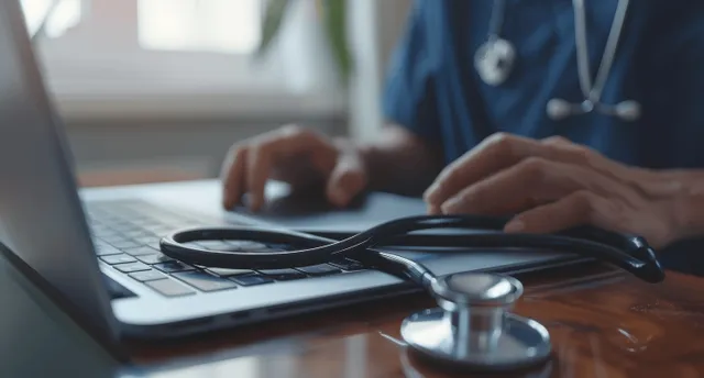 A male doctor types on a laptop at an office desk while a stethoscope and digital tablet sit beside the keyboard.