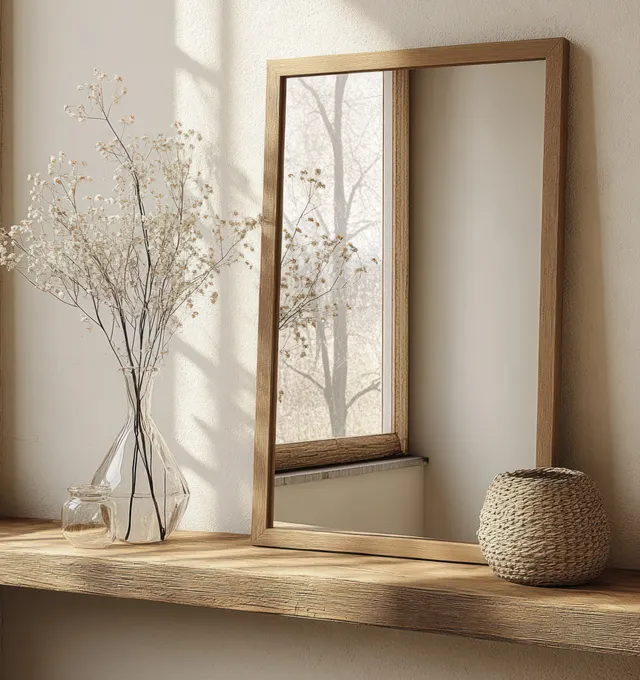 Wooden shelf with dried flowers in a glass vase and a standing mirror reflecting tree silhouettes in warm light.