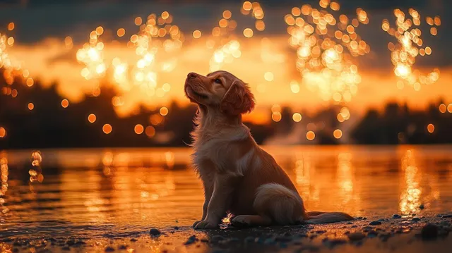Golden Retriever Puppy Watching Fireworks on a Beach at Sunset