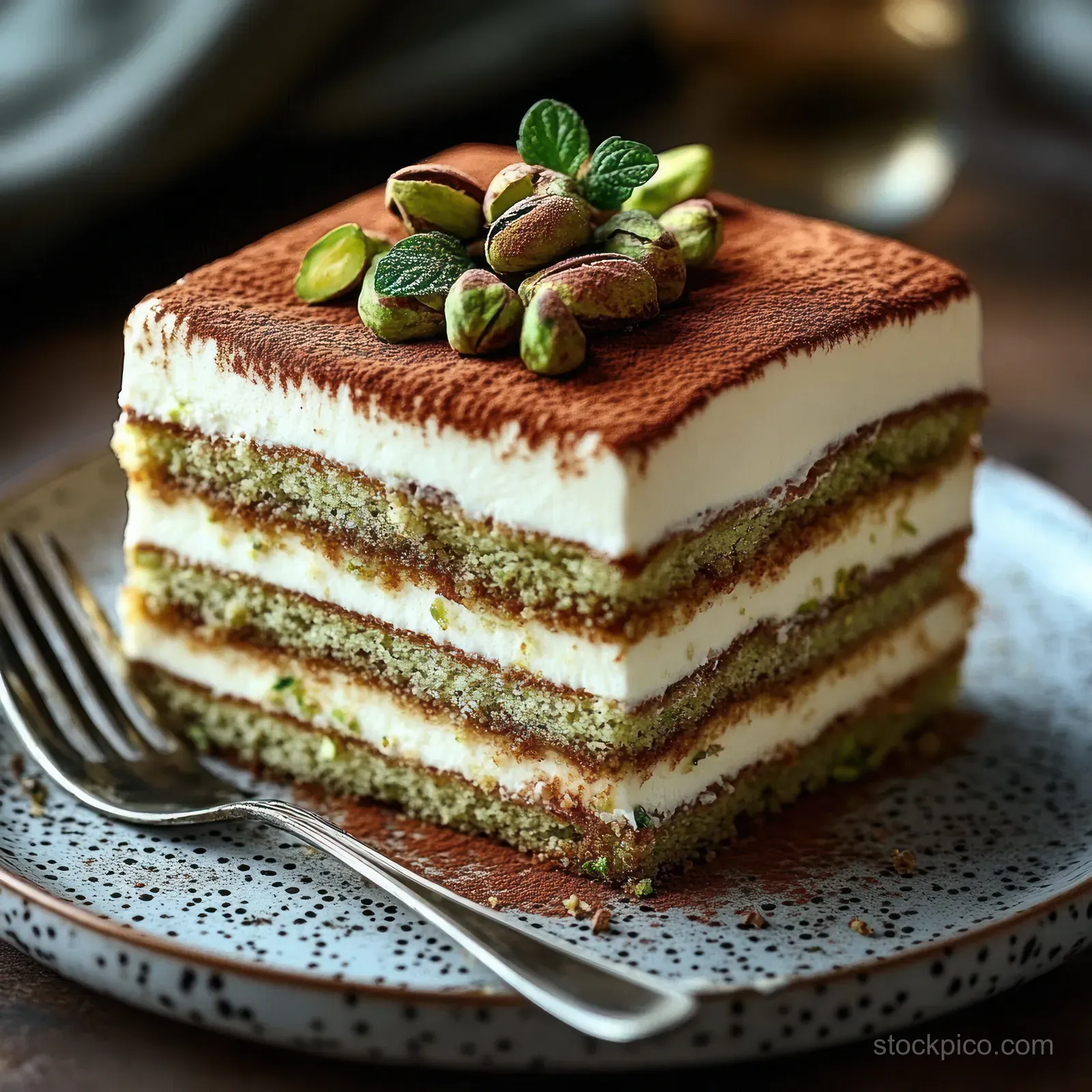 Layered dessert slice topped with pistachios and mint leaves sits on a speckled plate beside a fork.