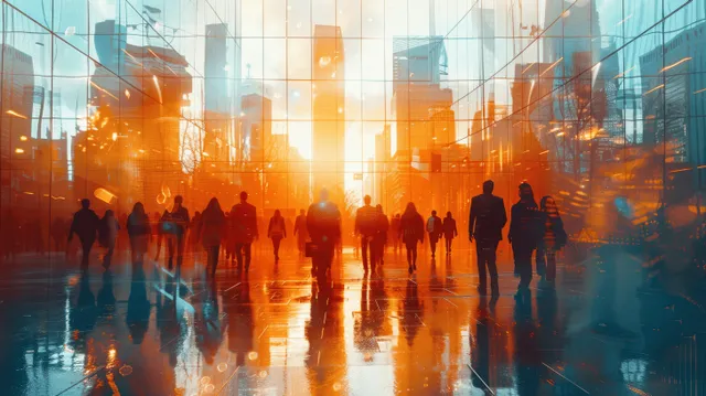 Silhouetted people walk in a bright office lobby with panoramic city glow blending into a blurred double exposure.