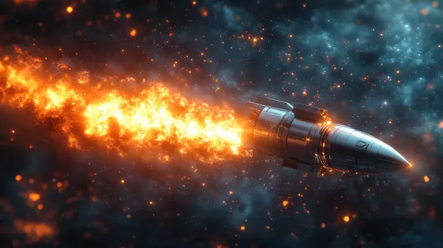 Rocket launching through starry space with blazing exhaust and glowing trajectory