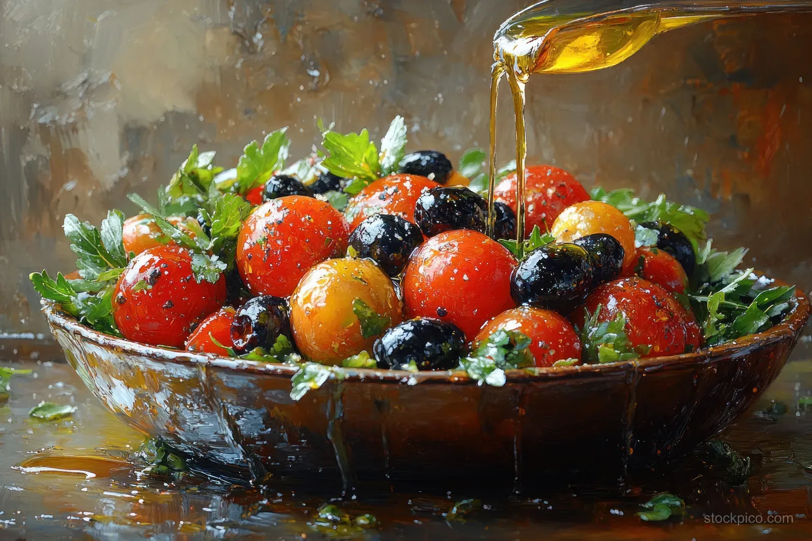 Heirloom tomato and black olive salad in a rustic bowl with olive oil pouring over the top.