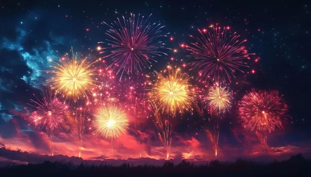Colorful fireworks burst above silhouetted trees during a dark twilight celebration festival