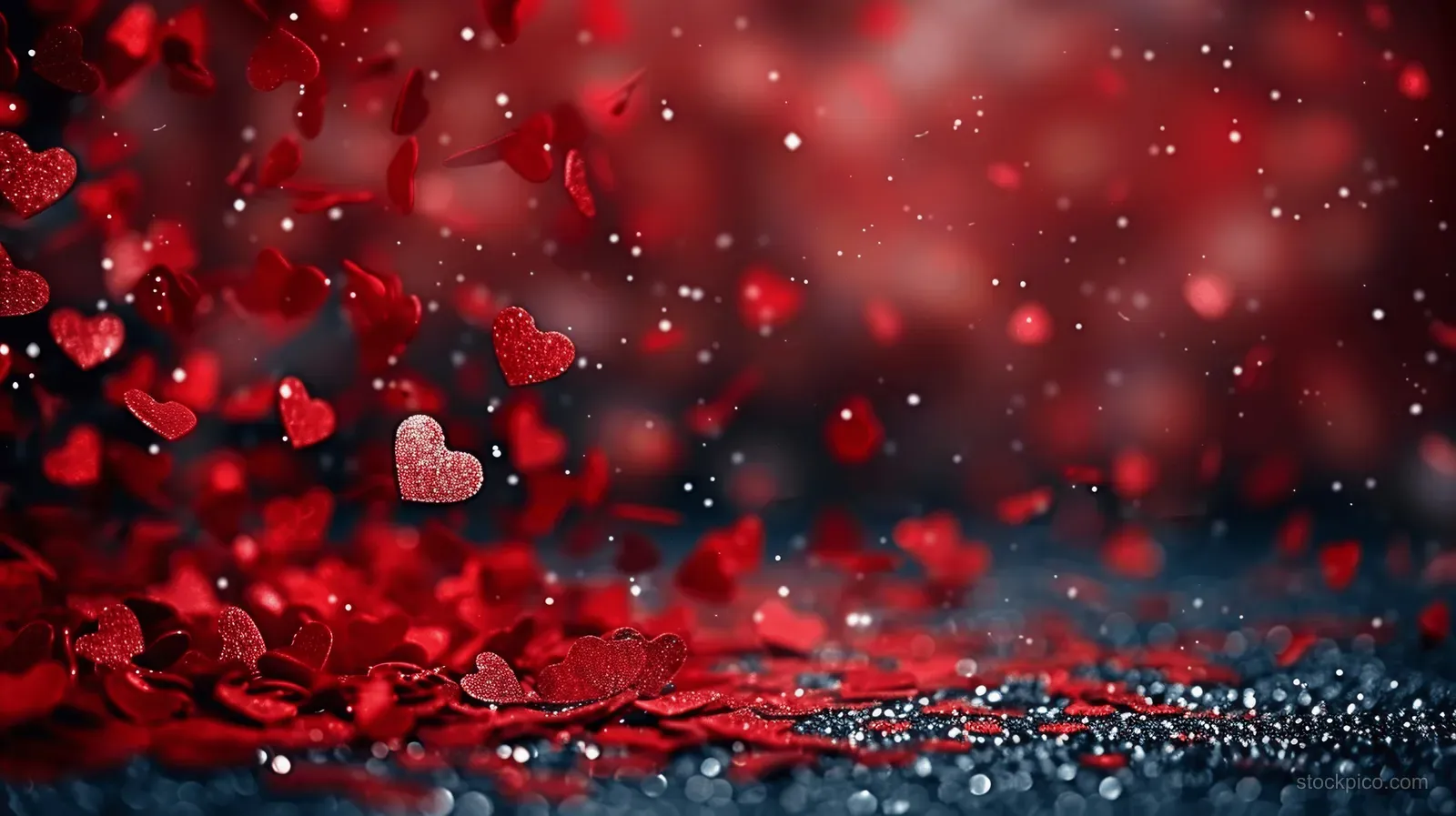 Red hearts and glitter confetti fall over a dark bokeh background with soft blue light and empty space for text.