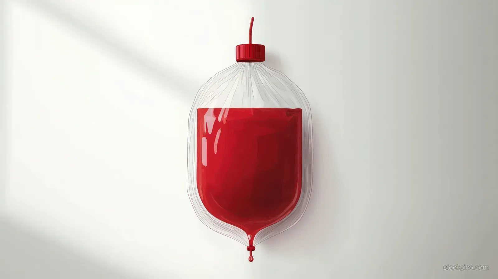 Red liquid blood bag hangs against a white background with a small drip outlet and soft shadow.