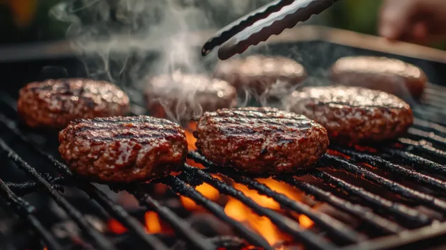 Beef patties sizzle on a charcoal grill with smoke rising as metal tongs prepare to flip them.