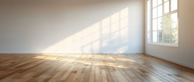 Sunlight streams through a window into an empty room with white walls and a wooden floor.