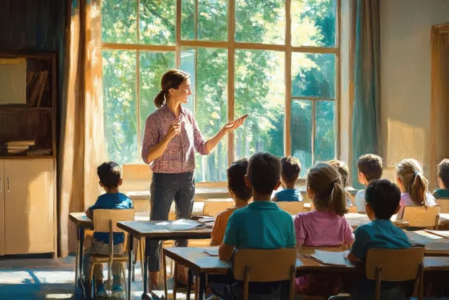 Joyful teacher leading a class, students smiling in sunlit classroom with colorful curtains