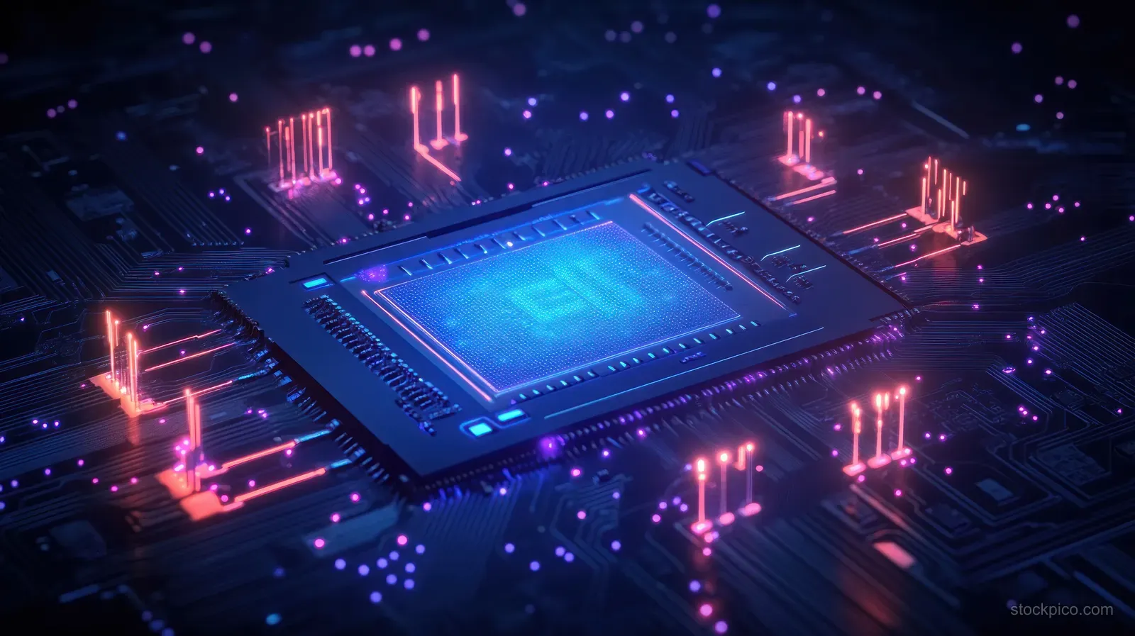 Neon glowing microchip CPU with intricate circuit traces and glowing pins on a dark motherboard.