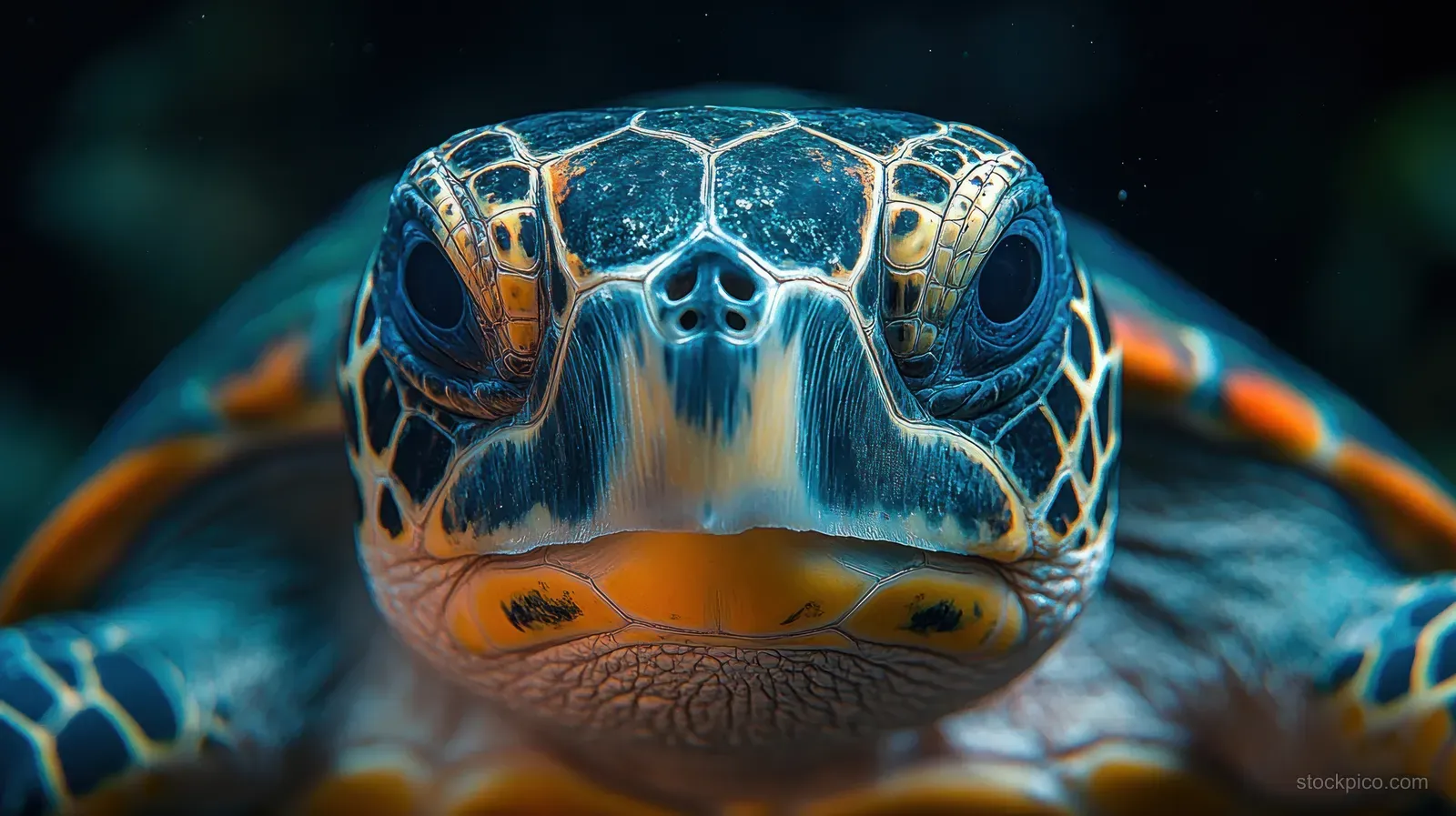 Close-up of a smiling sea turtle underwater, highlighting detailed shell patterns against a turquoise ocean background.