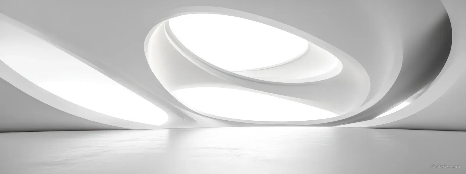Minimalist futuristic interior showing curved white ceiling panels and a glowing circular ring light.