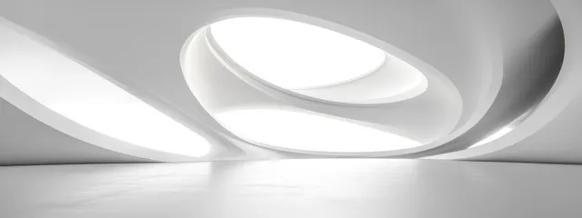 Futuristic minimalist interior with curved white ceiling panels and glowing ring light